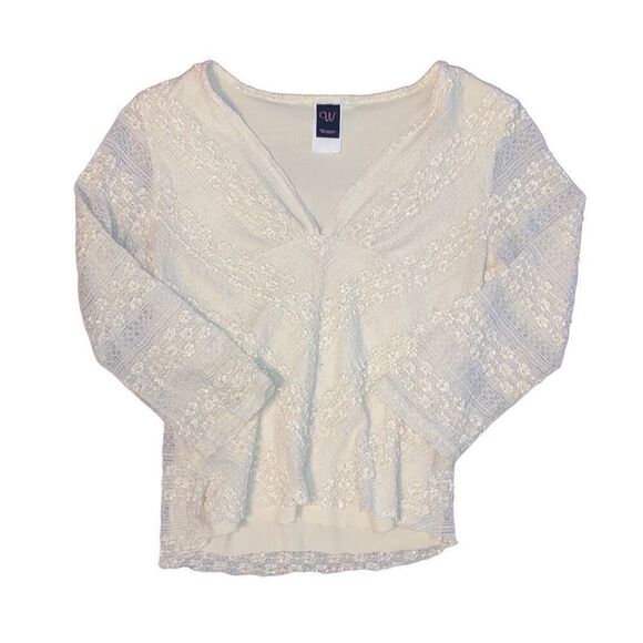Y2K Wrapper Size XS Small White Cream Plunging V Neck 3/4 Sleeve Textured Blouse - Picture 1 of 4